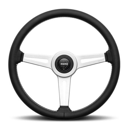 Momo Retro Steering Wheel 360 mm – 4 Black Leather/Wht Stitch/Brshd Spokes