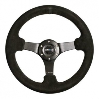 NRG Reinforced Steering Wheel (330mm / 3in Deep) Blk Suede w/Criss Cross Stitch w/Blk 3-Spoke Center